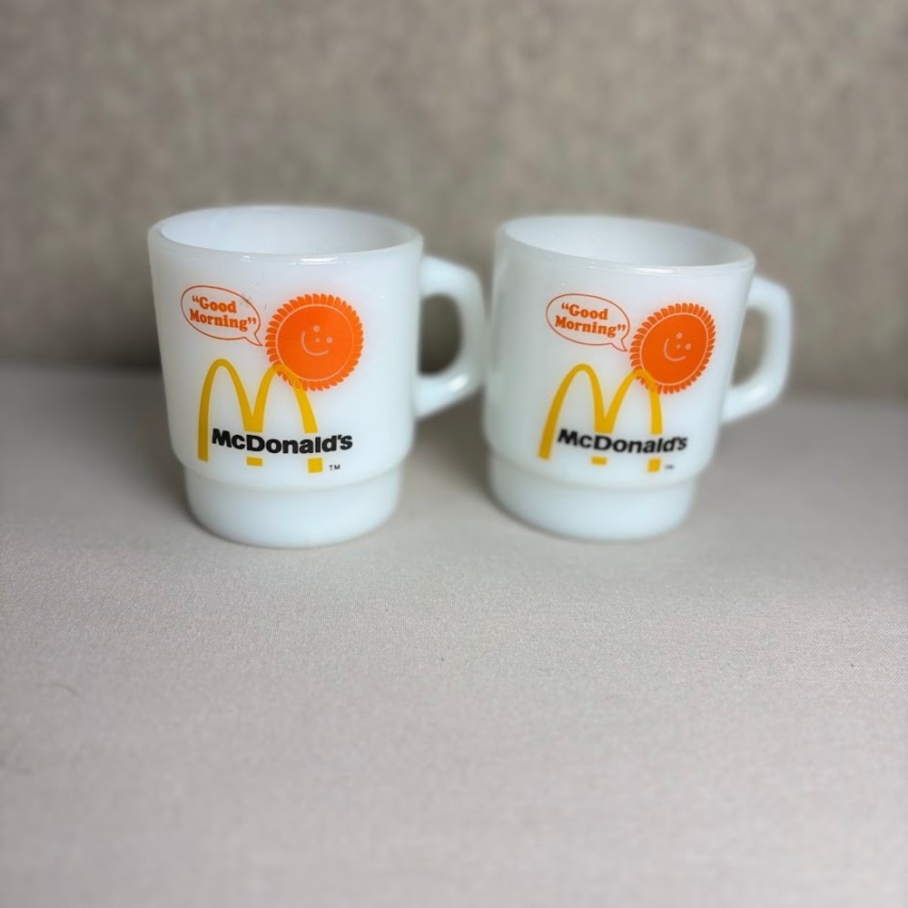 Fire-King McDonalds Mug Set 2 White Milk Glass Y2K Retro Good Morning Mug VTG